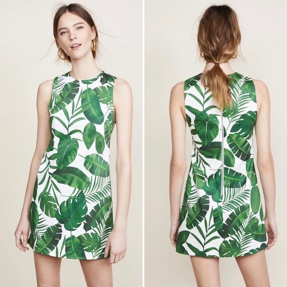 Alice + Olivia Coley Palm Leaf Printed A Line Mini Dress Green White - Picture 6 of 6